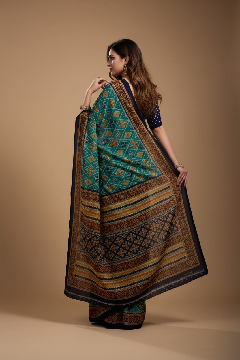 Snuggle Spot Women's Georgette Floral Print Saree With Unstitched Blouse 5.5Mtr (Dark Green)