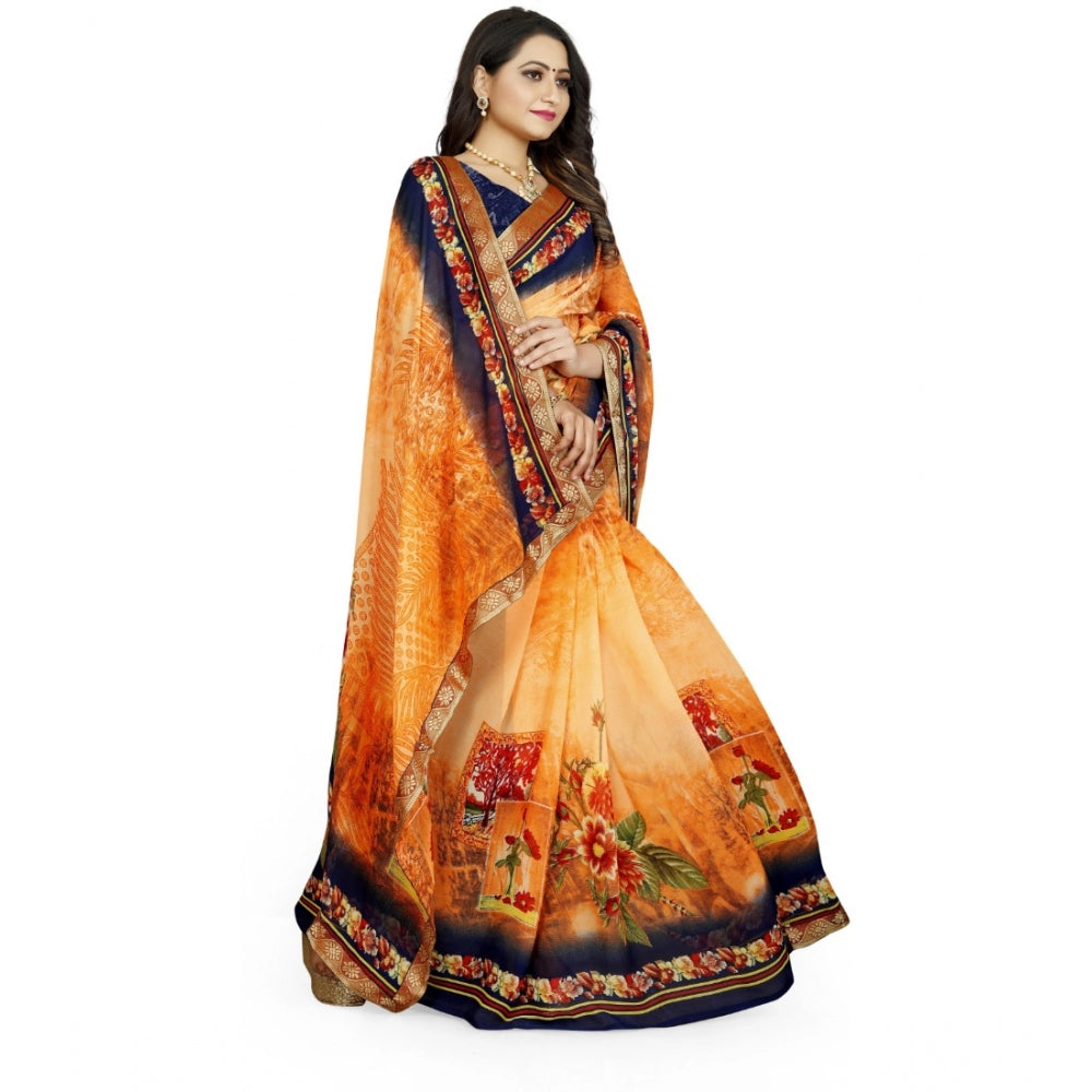 Snuggle Spot Women's Georgette Floral Print Saree With Unstitched Blouse 5.5Mtr (Blue-Orange)