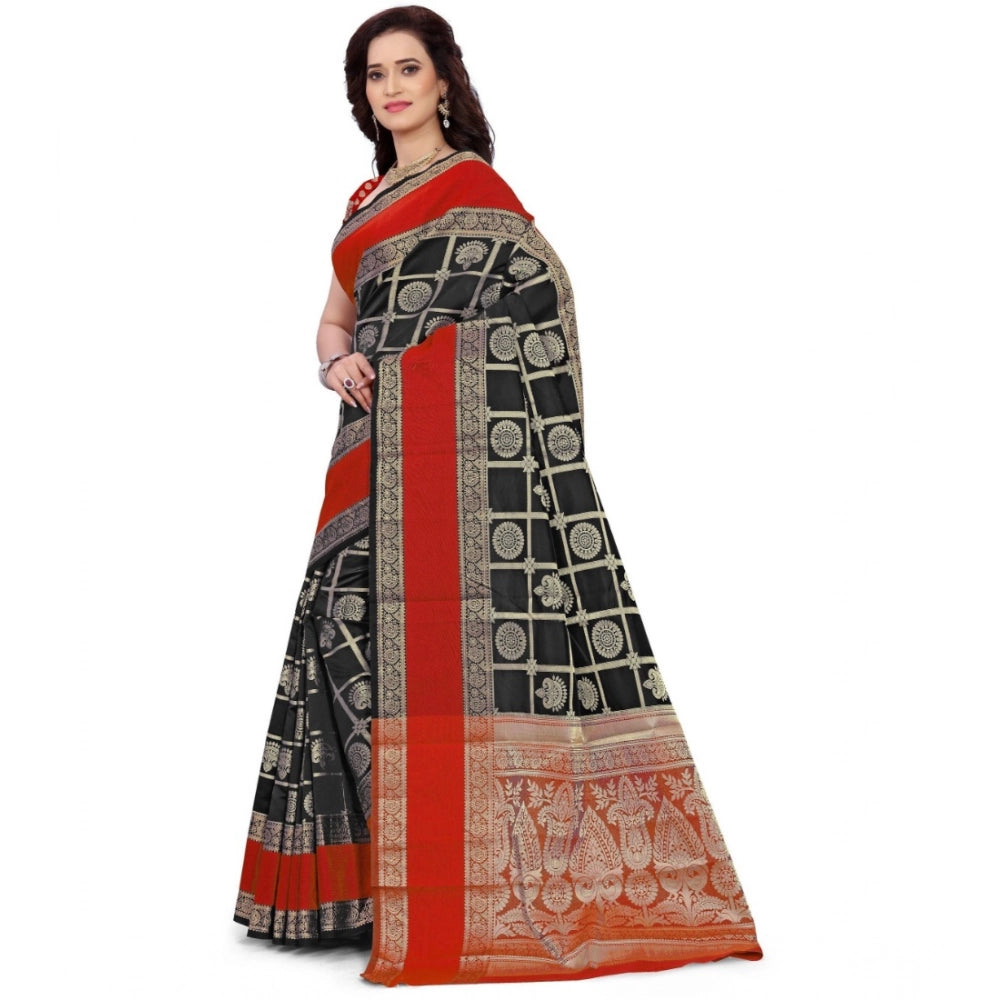 Snuggle Spot Women's Jacquard Woven Saree With Unstitched Blouse 5.5Mtr (Red-Black)