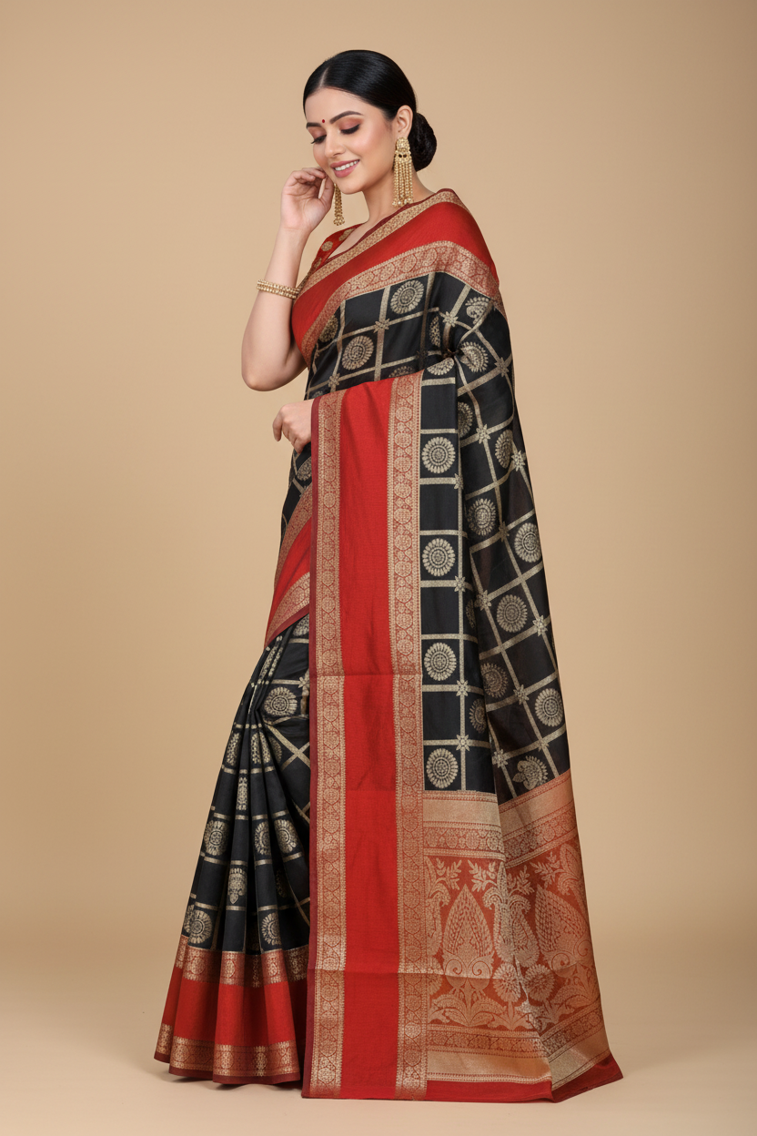 Snuggle Spot Women's Jacquard Woven Saree With Unstitched Blouse 5.5Mtr (Red-Black)