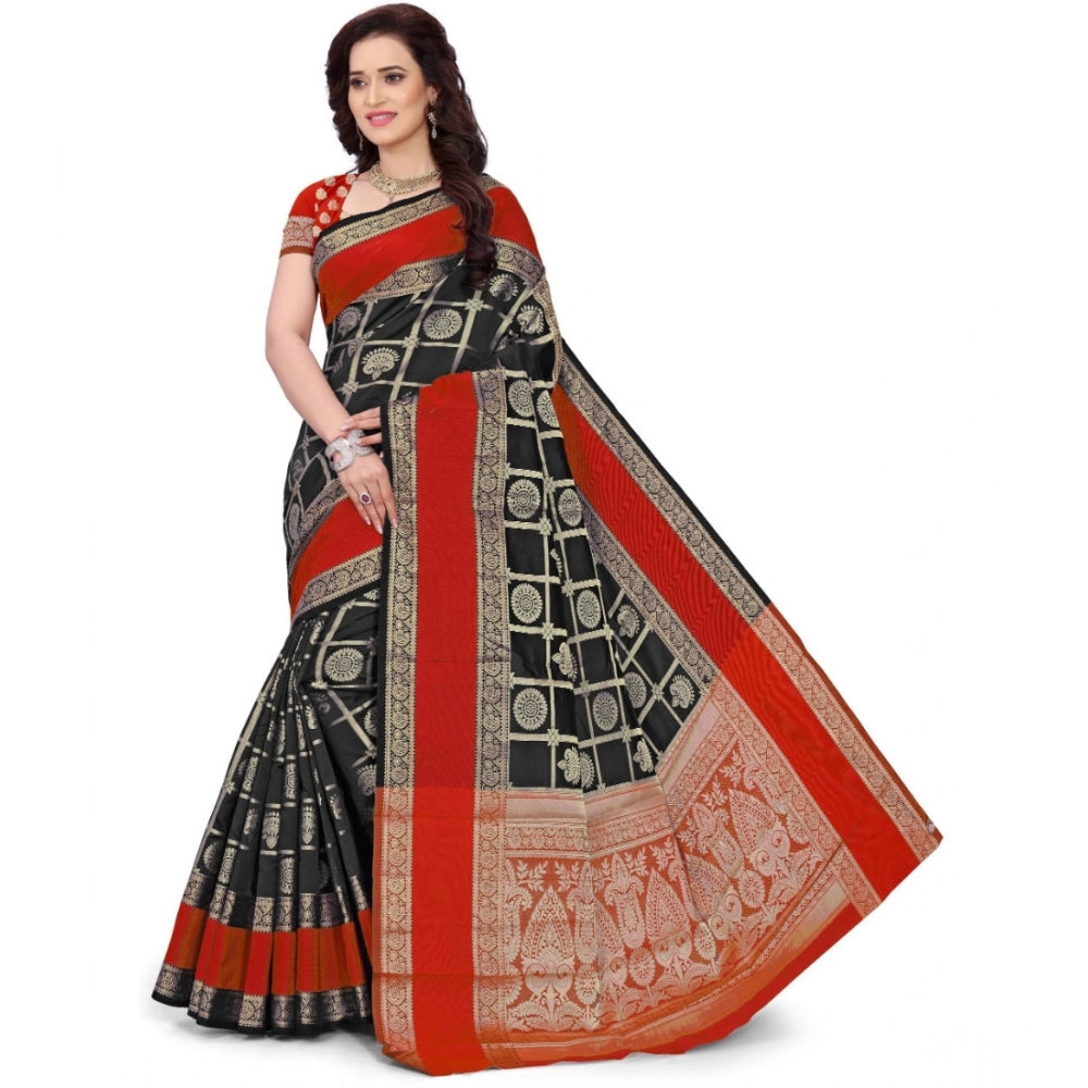 Snuggle Spot Women's Jacquard Woven Saree With Unstitched Blouse 5.5Mtr (Red-Black)