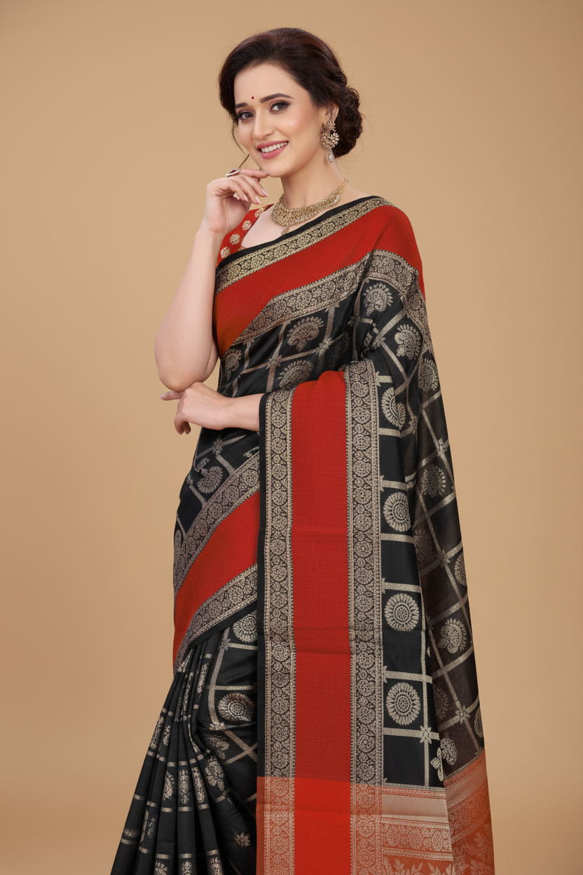 Snuggle Spot Women's Jacquard Woven Saree With Unstitched Blouse 5.5Mtr (Red-Black)