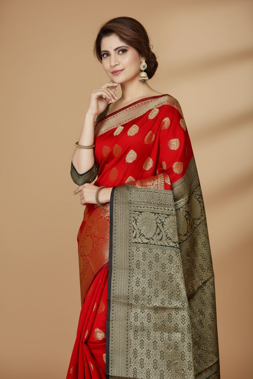 Snuggle Spot Women's Jacquard Woven Saree With Unstitched Blouse 5.5Mtr (Red)