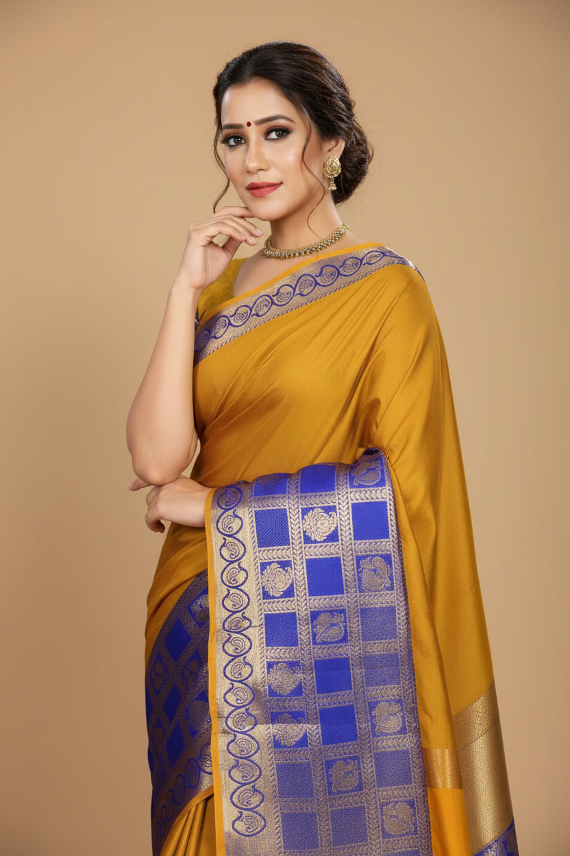 Snuggle Spot Women's Jacquard Woven Saree With Unstitched Blouse 5.5Mtr (Mustard)