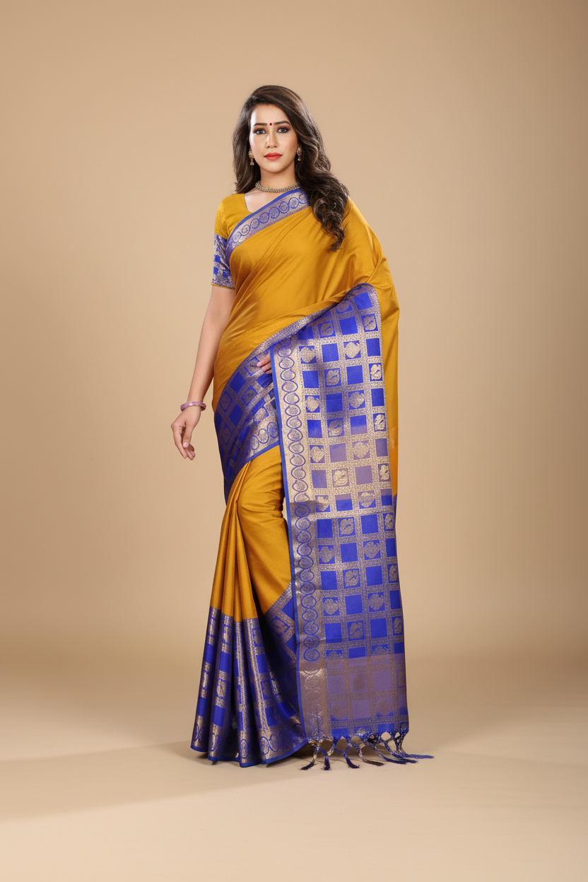 Snuggle Spot Women's Jacquard Woven Saree With Unstitched Blouse 5.5Mtr (Mustard)