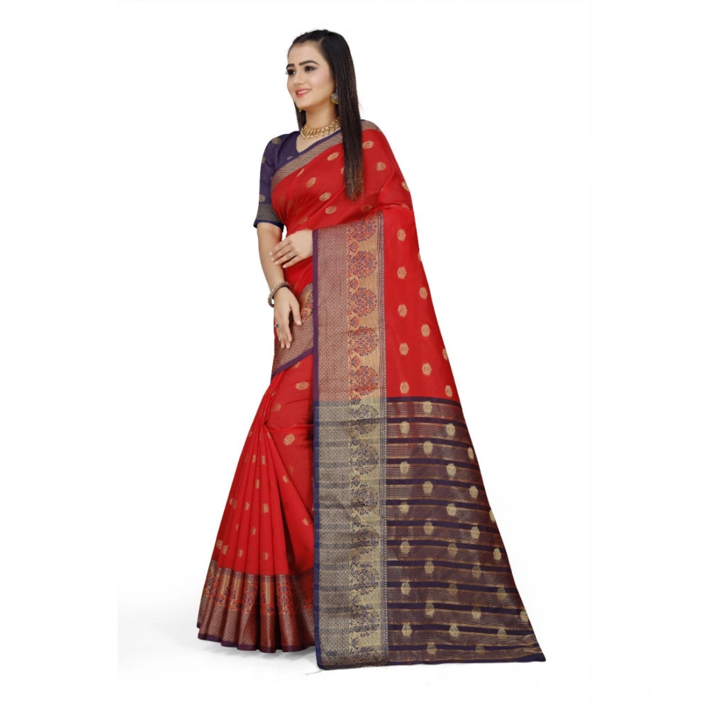 Snuggle Spot Women's Jacquard Woven Saree With Unstitched Blouse 5.5Mtr (Red)