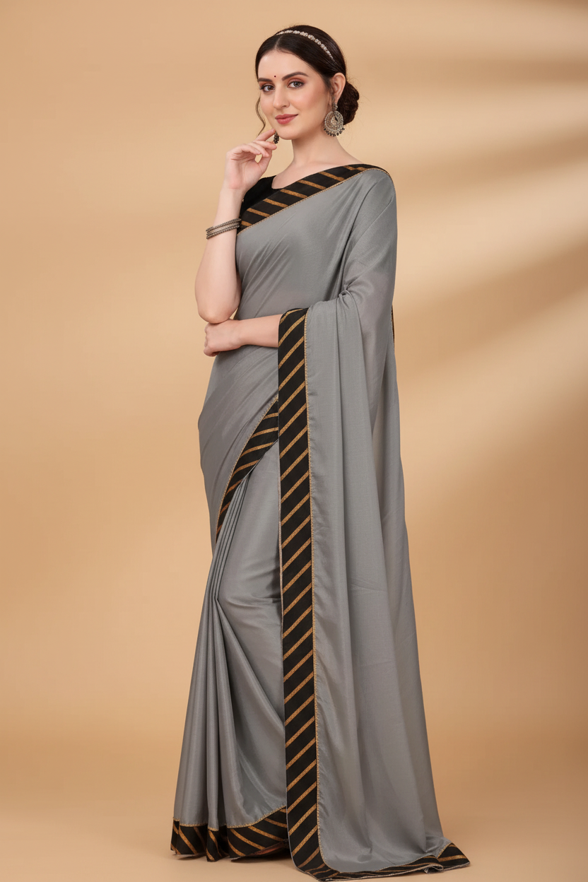 Snuggle Spot Women's Chiffon Self Design Saree With Unstitched Blouse 5.5Mtr (Silver)