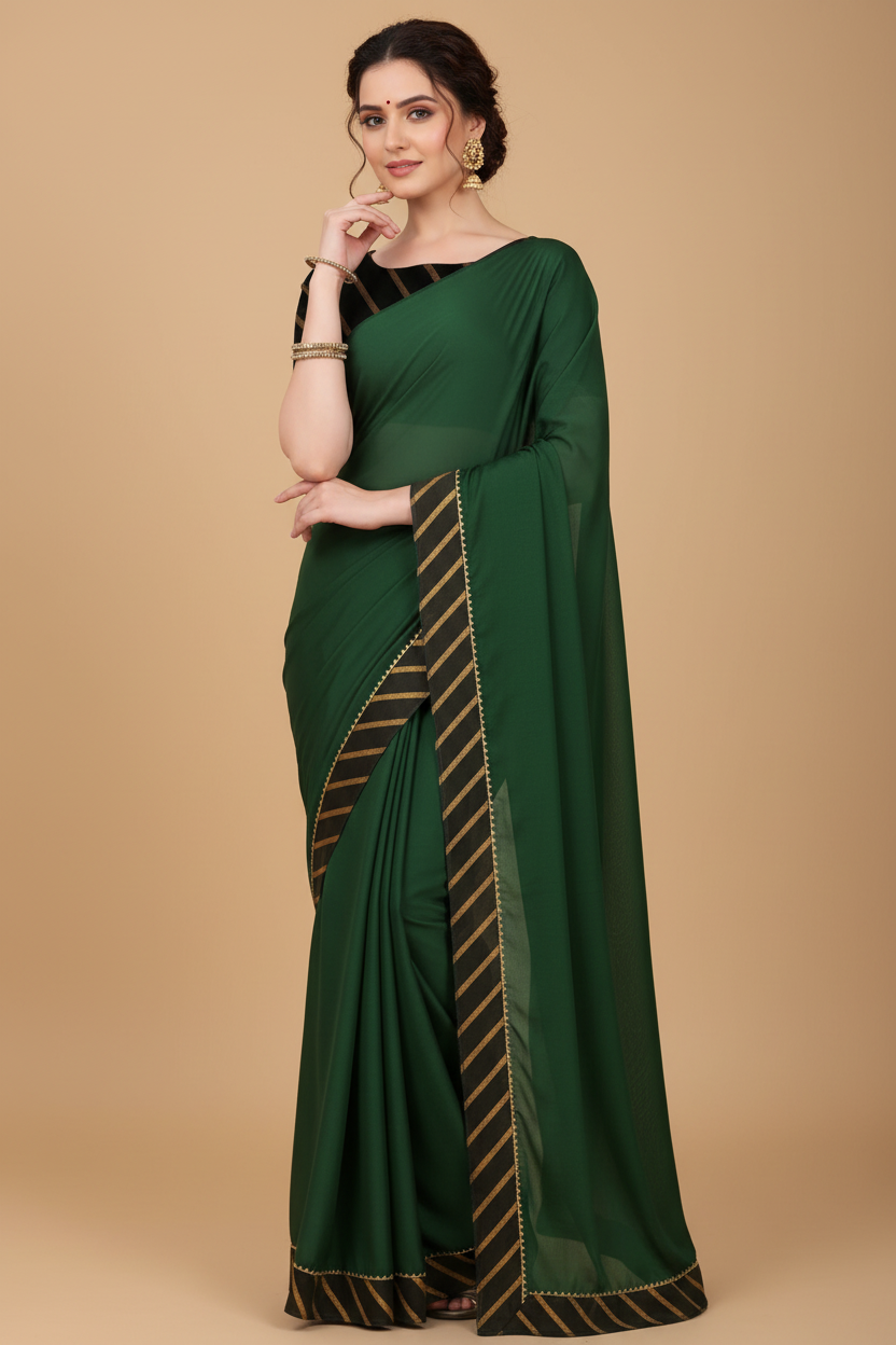Snuggle Spot Women's Chiffon Self Design Saree With Unstitched Blouse 5.5Mtr (Green)