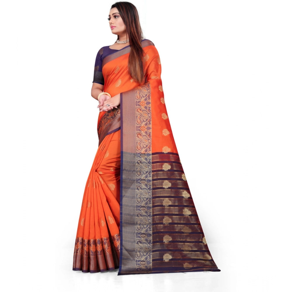 Snuggle Spot Women's Silk Blend Woven Saree With Unstitched Blouse 5.5Mtr (Orange)