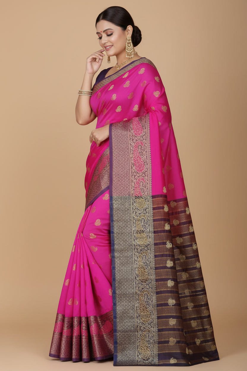 Snuggle Spot Women's Jacquard Woven Saree With Unstitched Blouse 5.5Mtr (Pink)