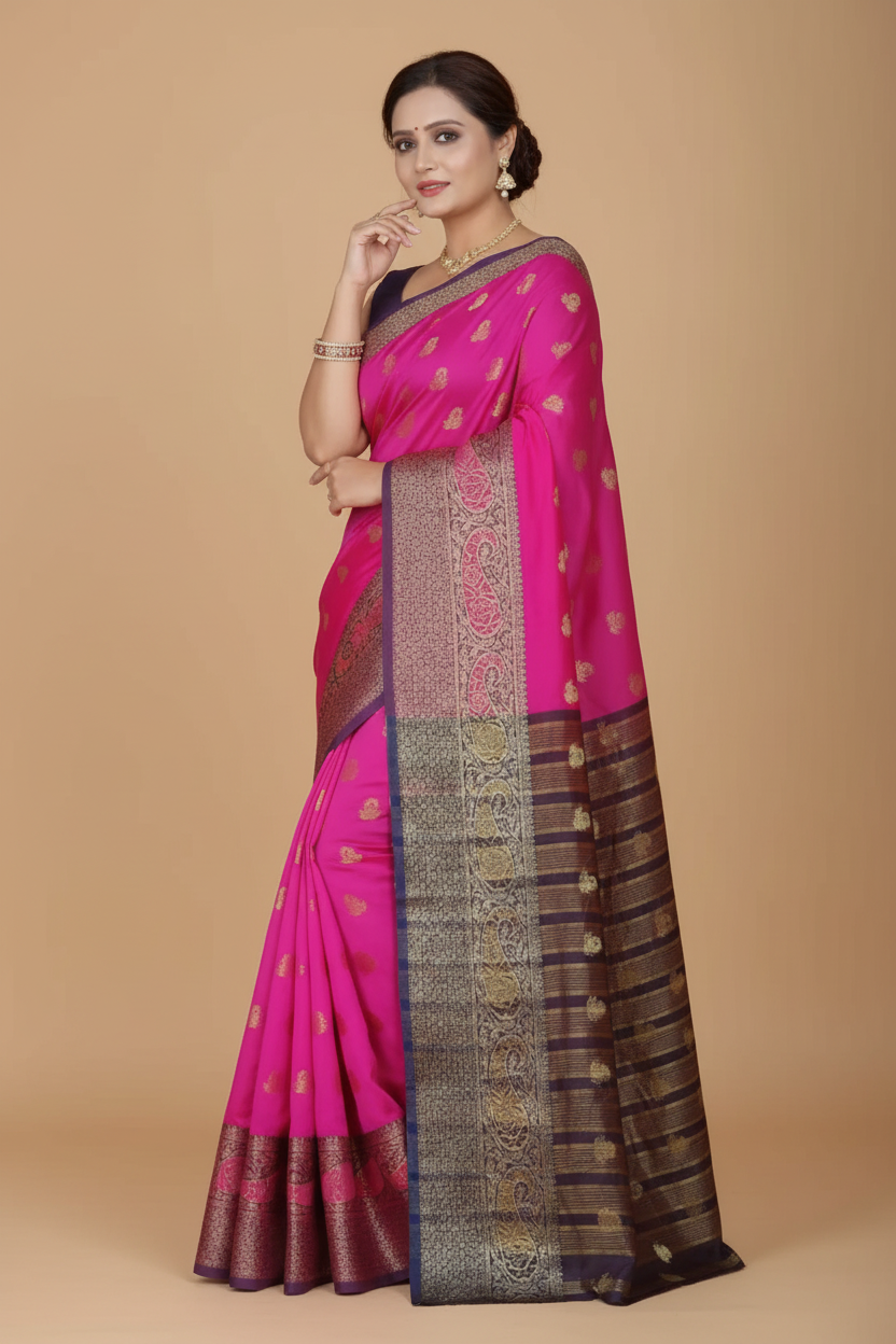 Snuggle Spot Women's Jacquard Woven Saree With Unstitched Blouse 5.5Mtr (Pink)