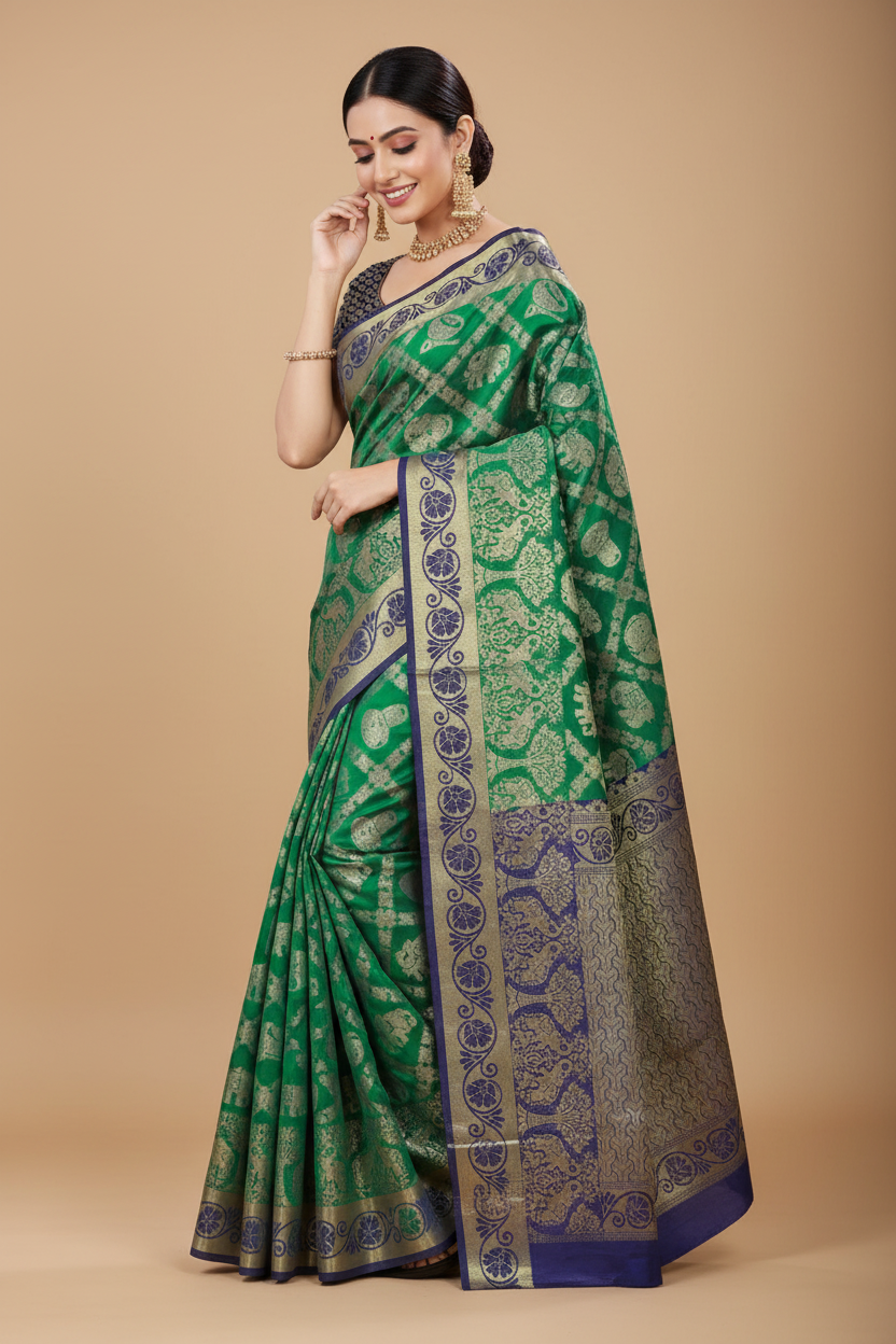 Snuggle Spot Women's Jacquard Woven Saree With Unstitched Blouse 5.5Mtr (Green)