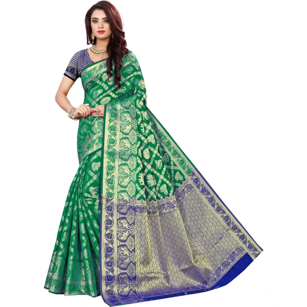 Snuggle Spot Women's Jacquard Woven Saree With Unstitched Blouse 5.5Mtr (Green)