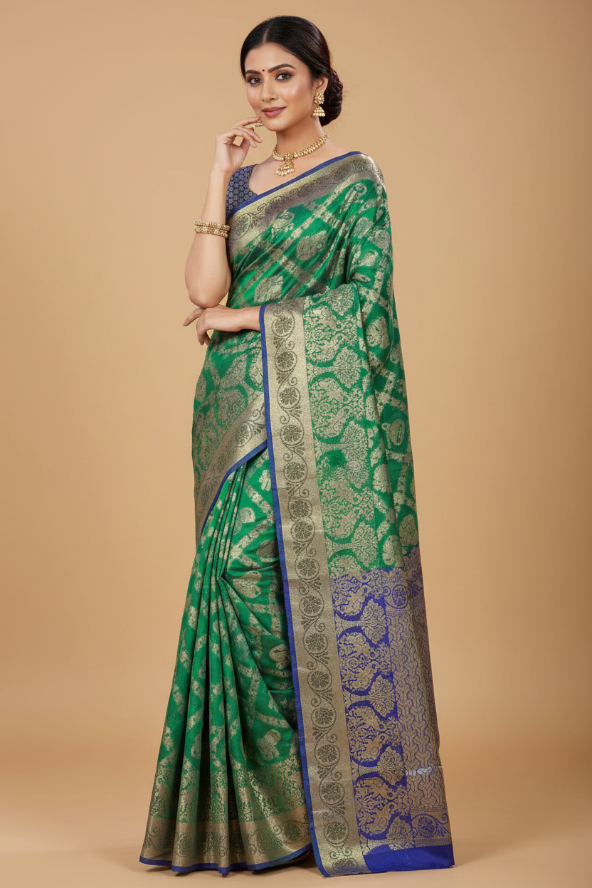 Snuggle Spot Women's Jacquard Woven Saree With Unstitched Blouse 5.5Mtr (Green)