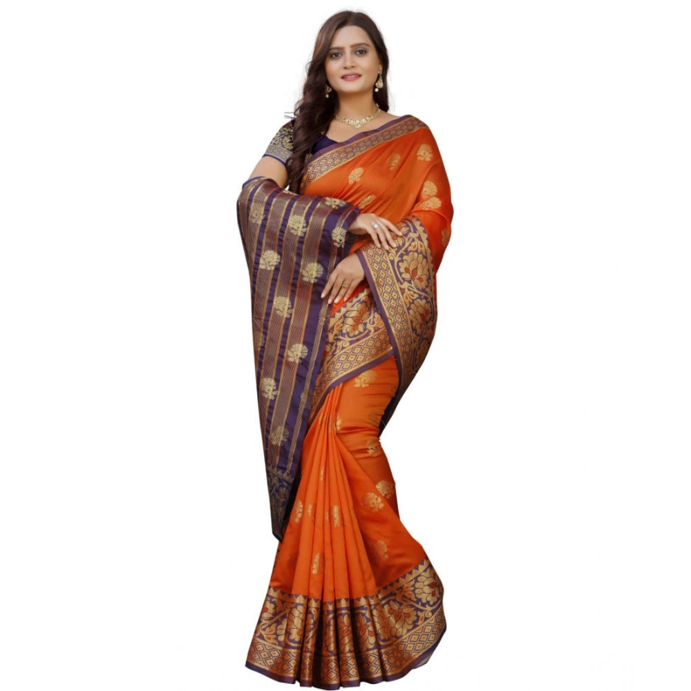 Snuggle Spot Women's Silk Blend Woven Saree With Unstitched Blouse 5.5Mtr (Gold-Orange)