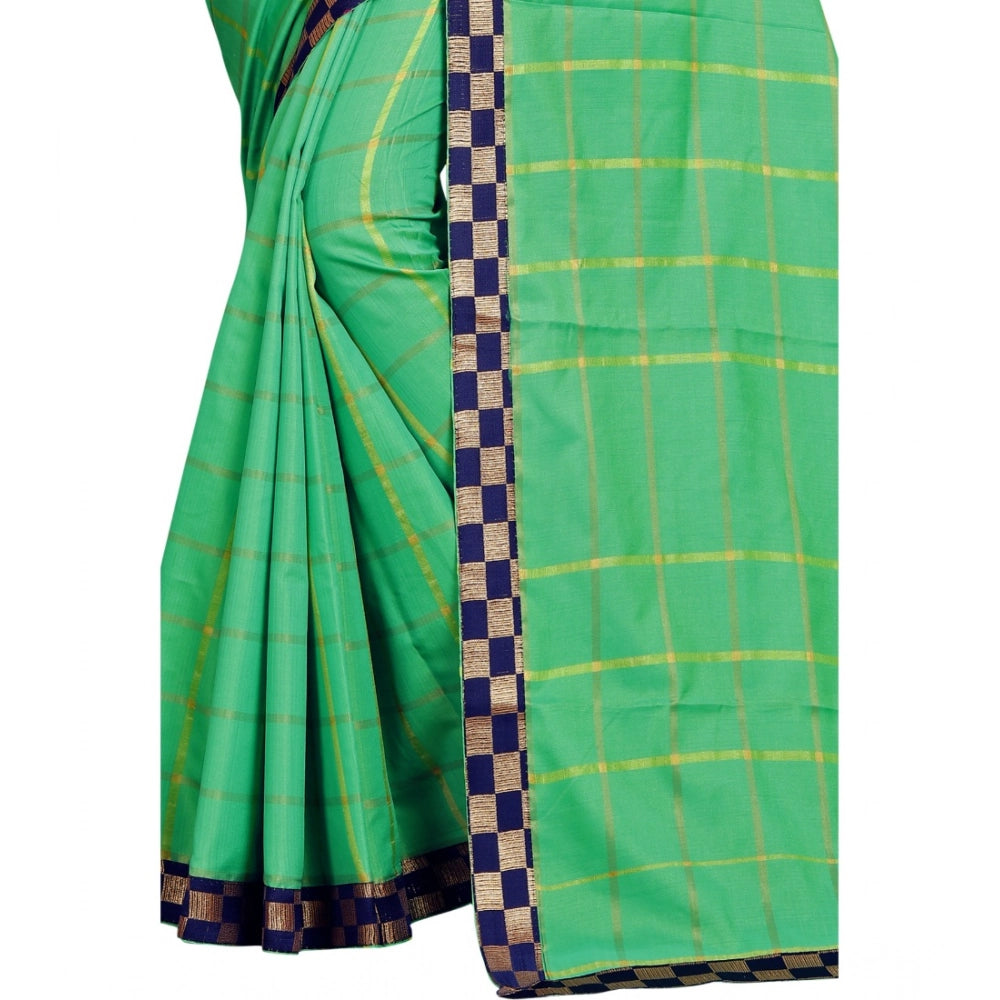 Snuggle Spot Women's Cotton Silk Checkered Saree With Unstitched Blouse 5.5Mtr (Green)
