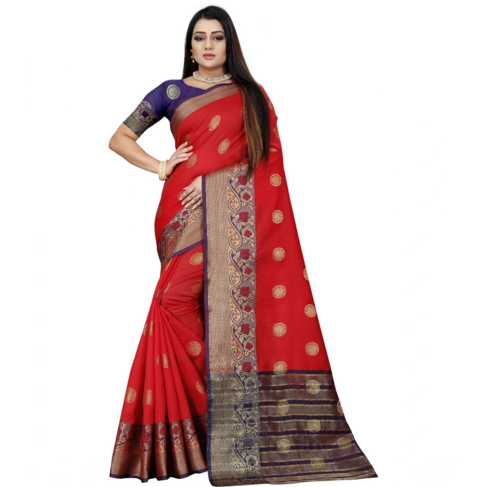 Snuggle Spot Women's Silk Blend Woven Saree With Unstitched Blouse 5.5Mtr (Red-Blue)