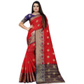 Snuggle Spot Women's Silk Blend Woven Saree With Unstitched Blouse 5.5Mtr (Red-Blue)