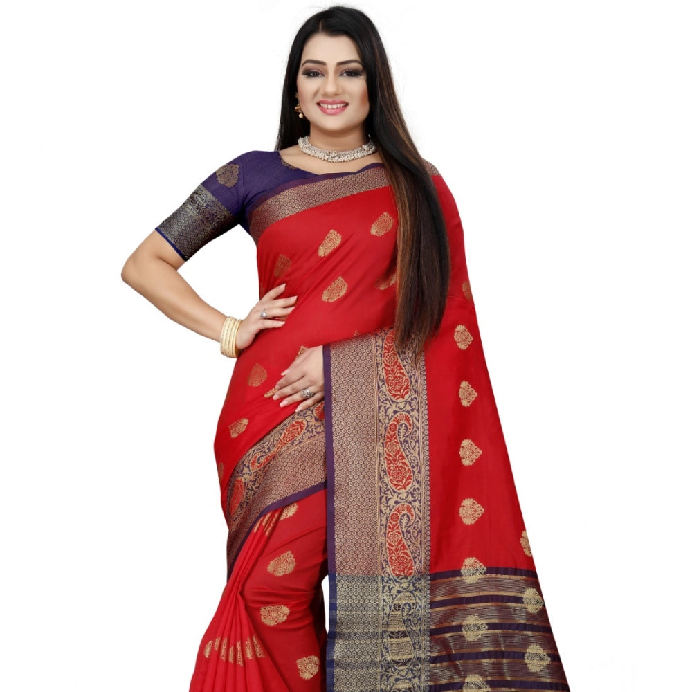 Snuggle Spot Women's Silk Blend Woven Saree With Unstitched Blouse 5.5Mtr (Purple-Red)