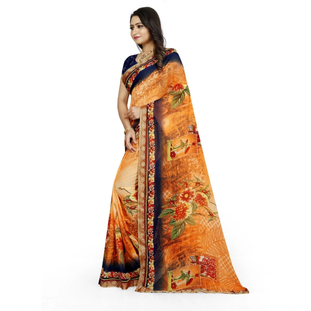 Snuggle Spot Women's Georgette Floral Print Saree With Unstitched Blouse 5.5Mtr (Blue-Orange)