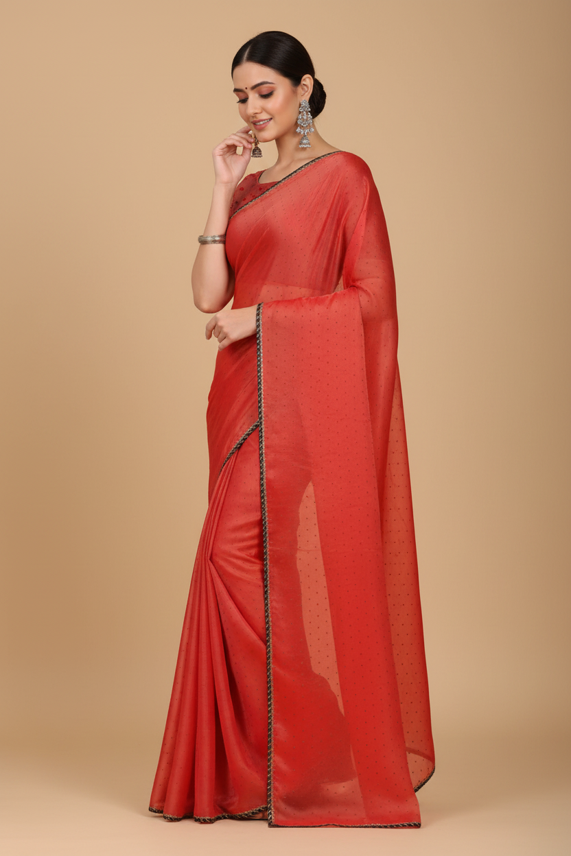 Snuggle Spot Women's Silk Blend Embellished Saree With Unstitched Blouse 5.5Mtr (Red)