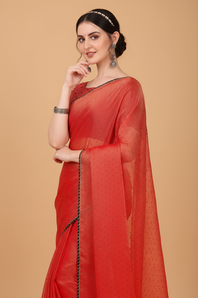 Snuggle Spot Women's Silk Blend Embellished Saree With Unstitched Blouse 5.5Mtr (Red)