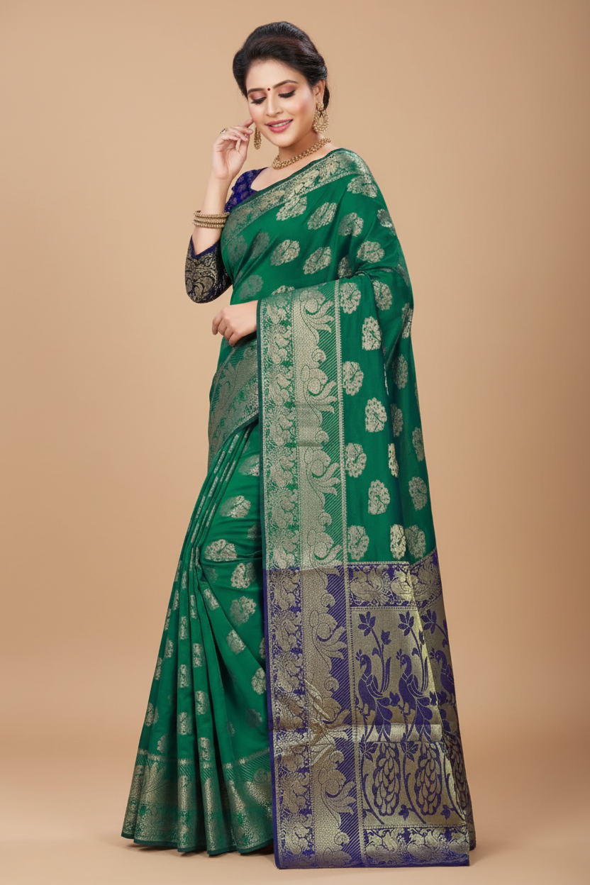 Snuggle Spot Women's Jacquard Woven Saree With Unstitched Blouse 5.5Mtr (Green)