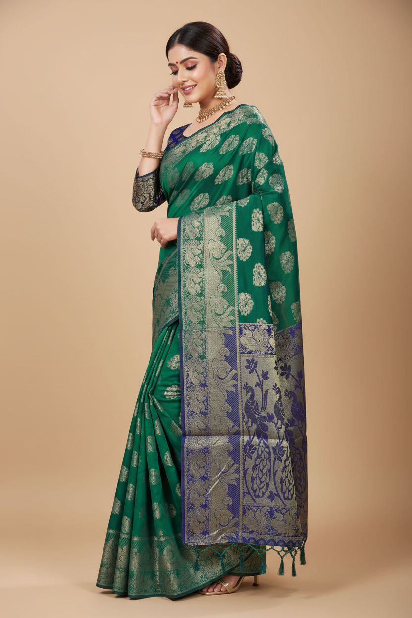 Snuggle Spot Women's Jacquard Woven Saree With Unstitched Blouse 5.5Mtr (Green)
