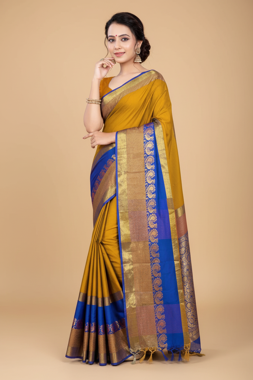 Snuggle Spot Women's Jacquard Woven Saree With Unstitched Blouse 5.5Mtr (Yellow)