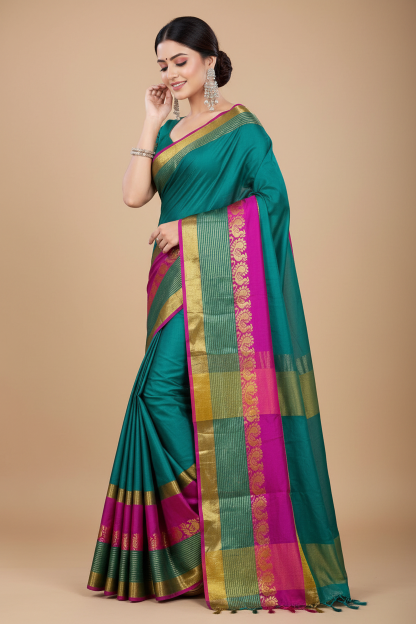 Snuggle Spot Women's Jacquard Woven Saree With Unstitched Blouse 5.5Mtr (Dark Green)