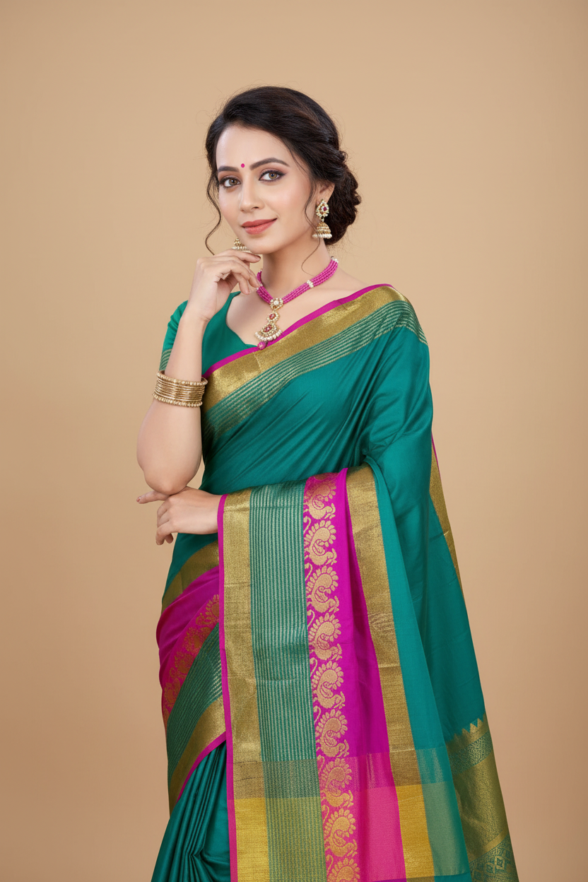Snuggle Spot Women's Jacquard Woven Saree With Unstitched Blouse 5.5Mtr (Dark Green)
