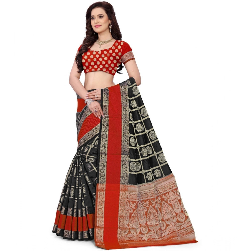 Snuggle Spot Women's Jacquard Woven Saree With Unstitched Blouse 5.5Mtr (Red-Black)