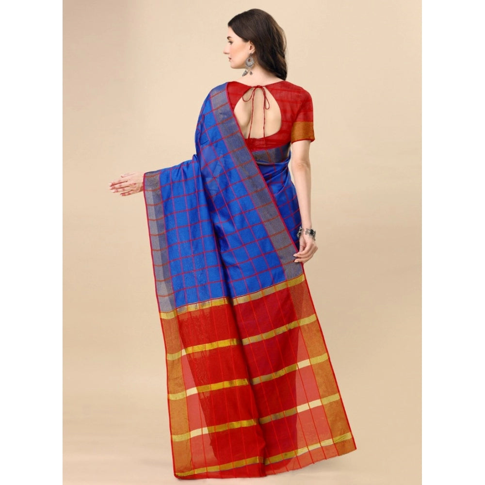Snuggle Spot Women's Cotton Silk Checkered Saree With Unstitched Blouse 5.5Mtr (Blue)