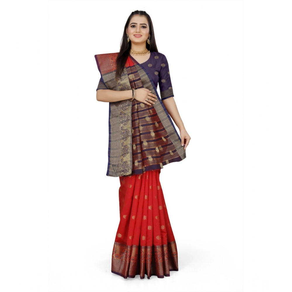 Snuggle Spot Women's Jacquard Woven Saree With Unstitched Blouse 5.5Mtr (Red)