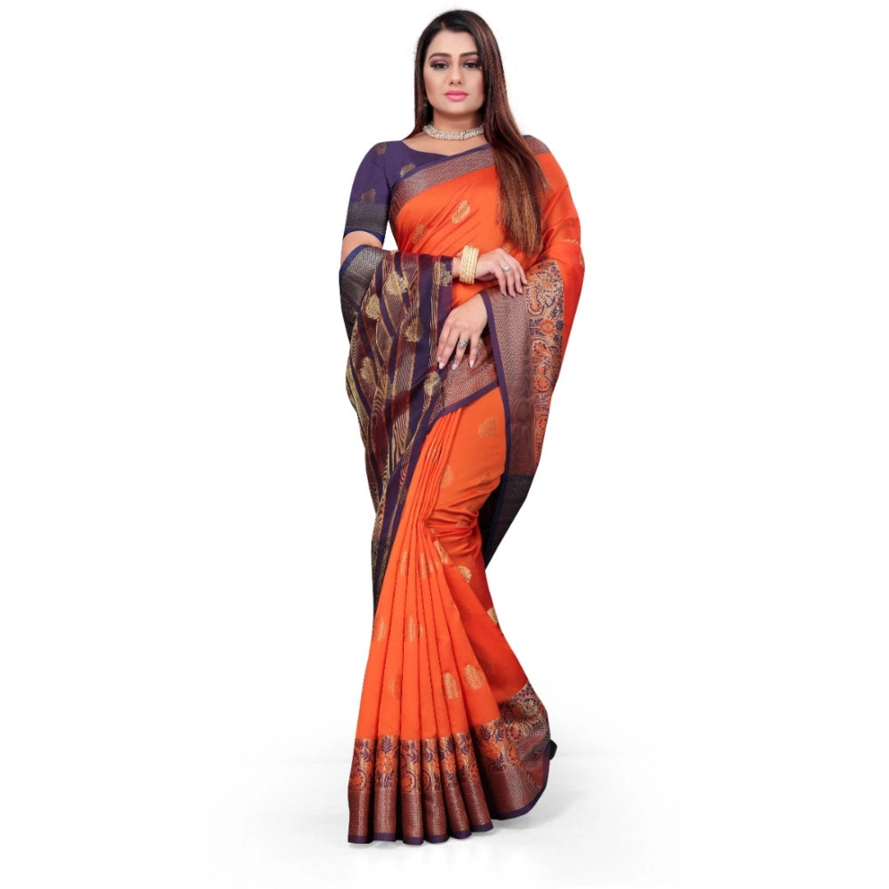Snuggle Spot Women's Silk Blend Woven Saree With Unstitched Blouse 5.5Mtr (Orange)