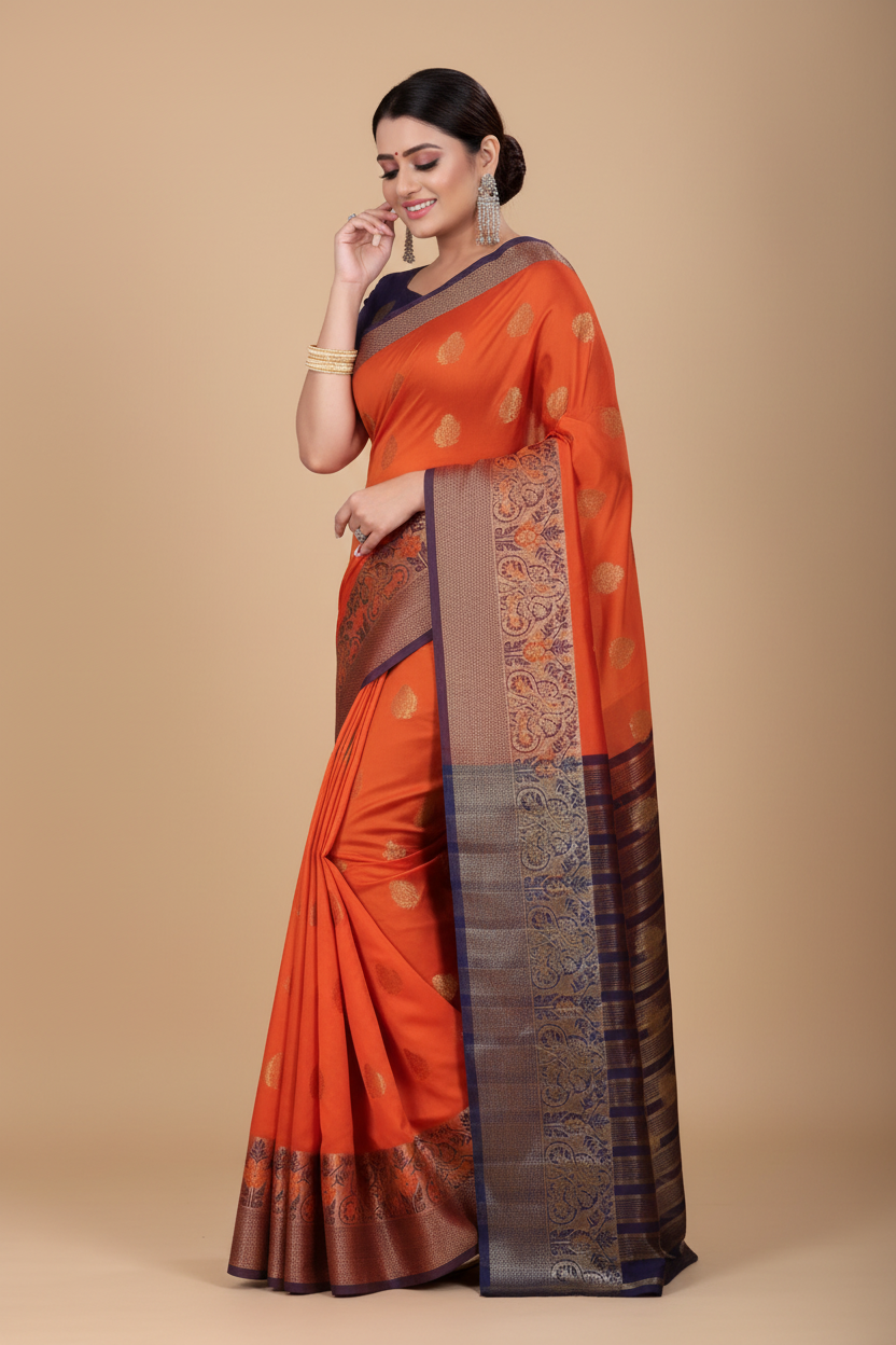 Snuggle Spot Women's Silk Blend Woven Saree With Unstitched Blouse 5.5Mtr (Orange)