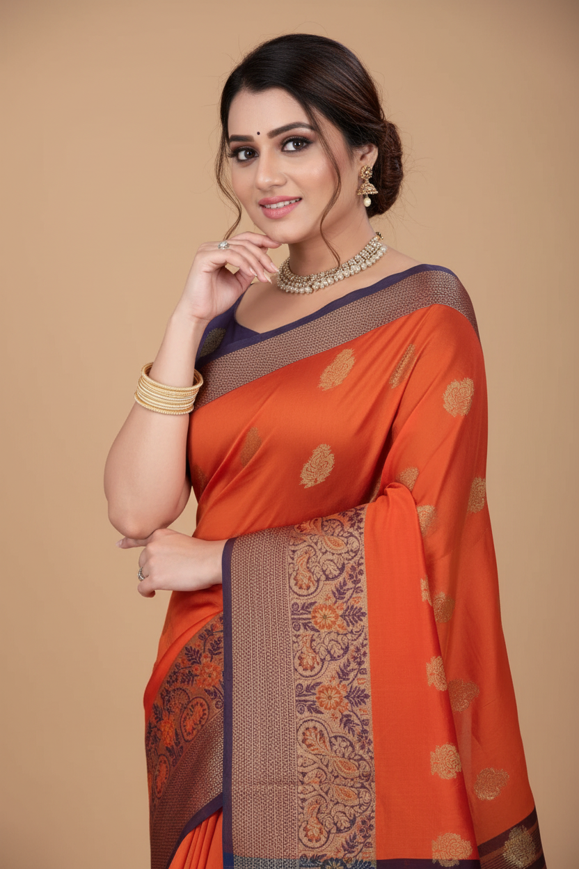 Snuggle Spot Women's Silk Blend Woven Saree With Unstitched Blouse 5.5Mtr (Orange)