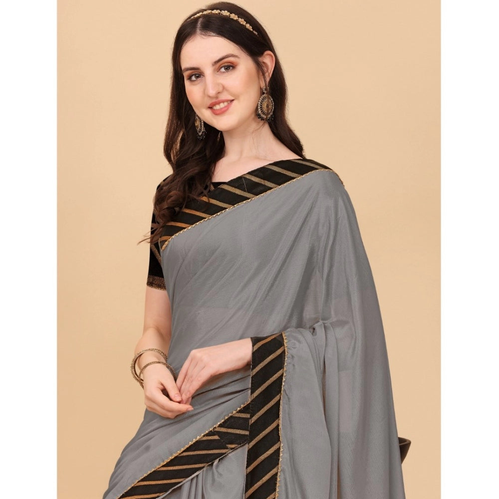 Snuggle Spot Women's Chiffon Self Design Saree With Unstitched Blouse 5.5Mtr (Silver)