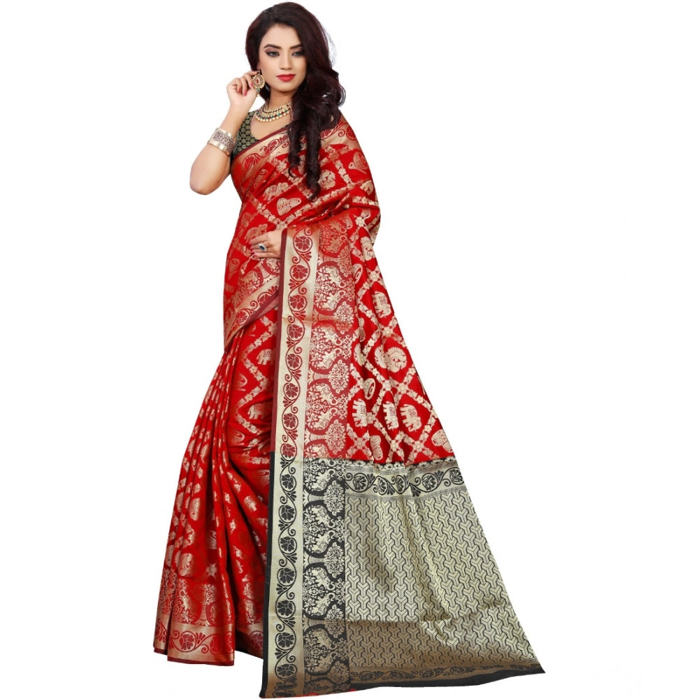 Snuggle Spot Women's Jacquard Woven Saree With Unstitched Blouse 5.5Mtr (Red)