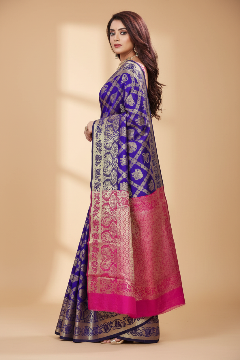 Snuggle Spot Women's Jacquard Woven Saree With Unstitched Blouse 5.5Mtr (Blue)