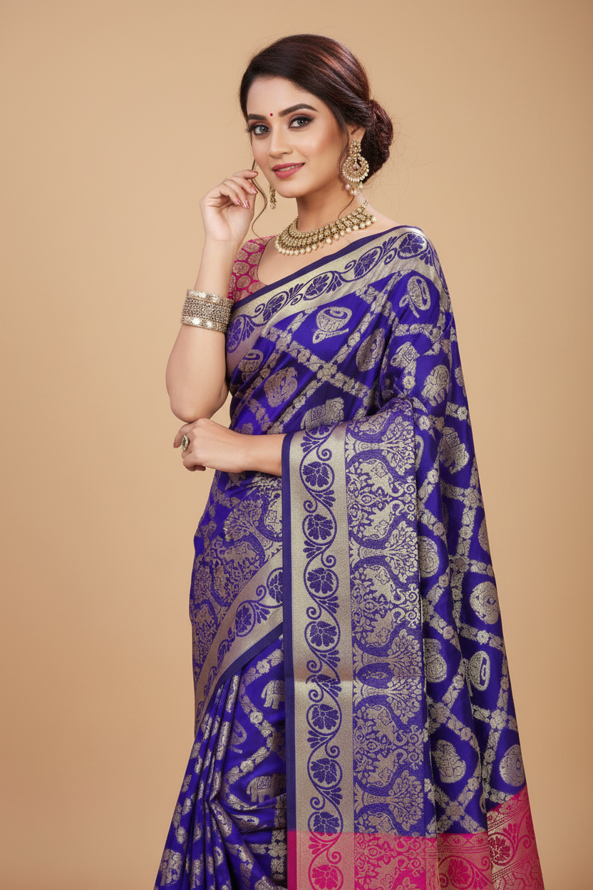 Snuggle Spot Women's Jacquard Woven Saree With Unstitched Blouse 5.5Mtr (Blue)