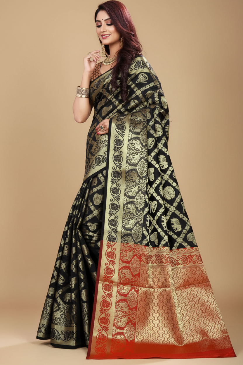 Snuggle Spot Women's Jacquard Woven Saree With Unstitched Blouse 5.5Mtr (Black)