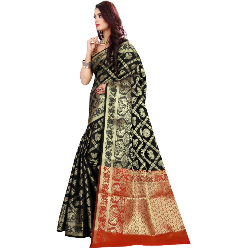 Snuggle Spot Women's Jacquard Woven Saree With Unstitched Blouse 5.5Mtr (Black)