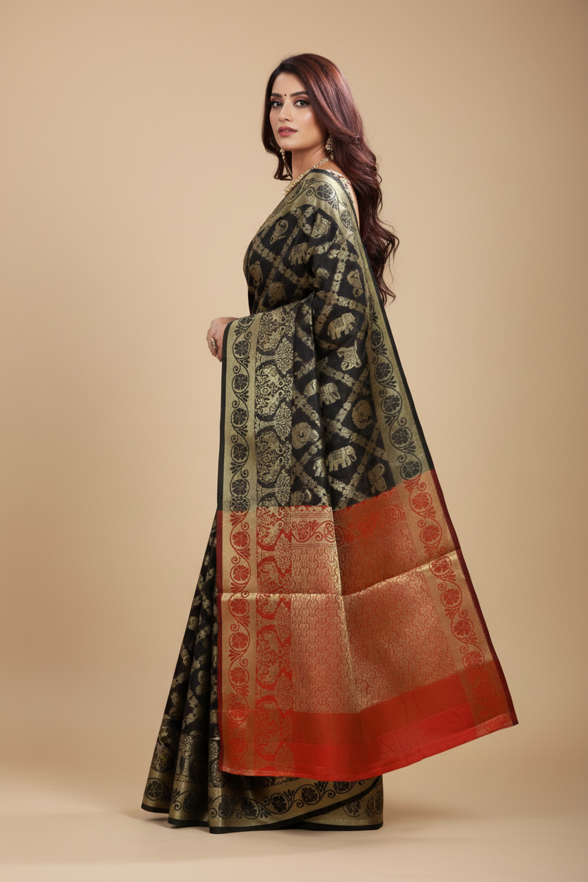 Snuggle Spot Women's Jacquard Woven Saree With Unstitched Blouse 5.5Mtr (Black)