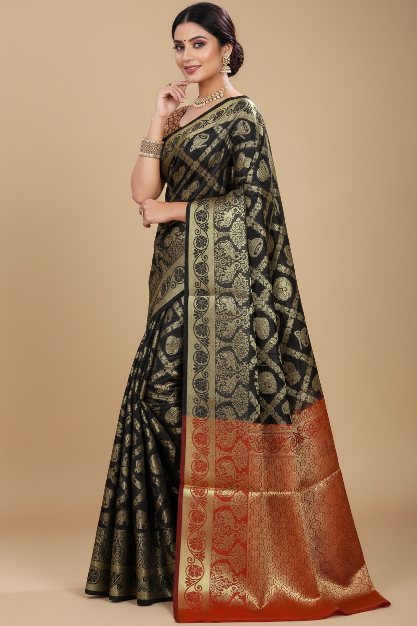 Snuggle Spot Women's Jacquard Woven Saree With Unstitched Blouse 5.5Mtr (Black)