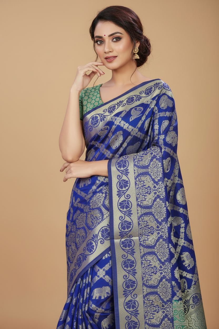 Snuggle Spot Women's Jacquard Woven Saree With Unstitched Blouse 5.5Mtr (Blue)