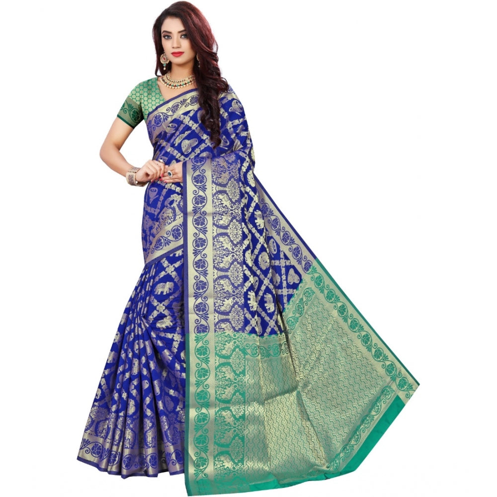 Snuggle Spot Women's Jacquard Woven Saree With Unstitched Blouse 5.5Mtr (Blue)