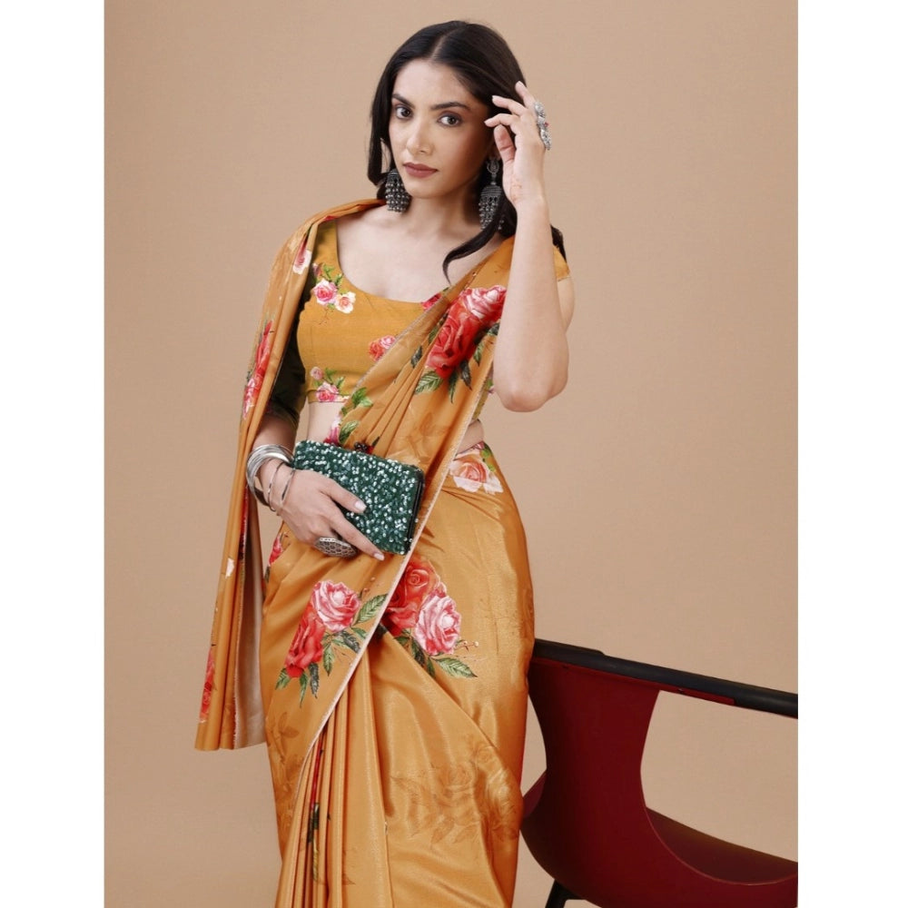 Snuggle Spot Women's Crepe Digital Print Saree With Unstitched Blouse 5.5Mtr (Mustard)