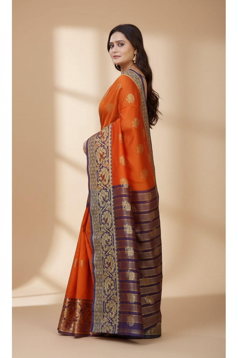 Snuggle Spot Women's Silk Blend Woven Saree With Unstitched Blouse 5.5Mtr (Gold-Orange)
