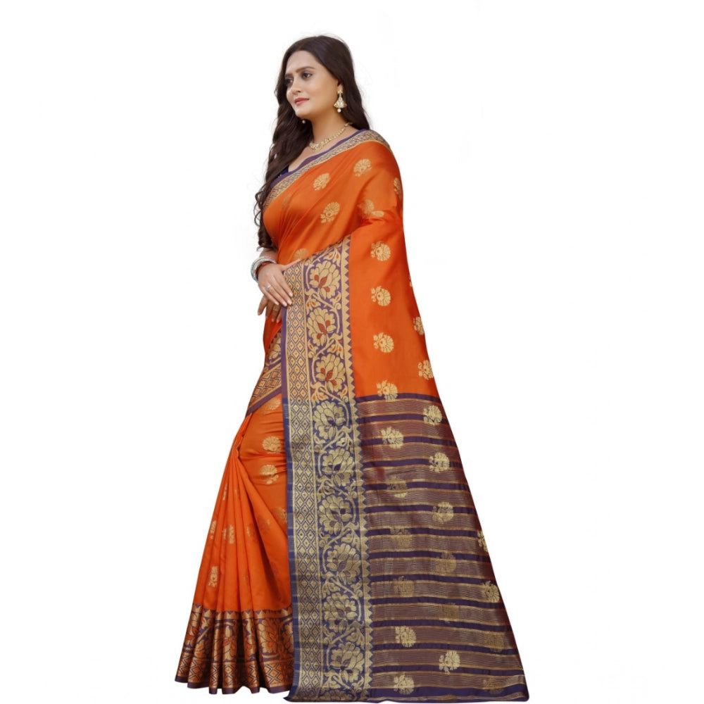 Snuggle Spot Women's Silk Blend Woven Saree With Unstitched Blouse 5.5Mtr (Gold-Orange)
